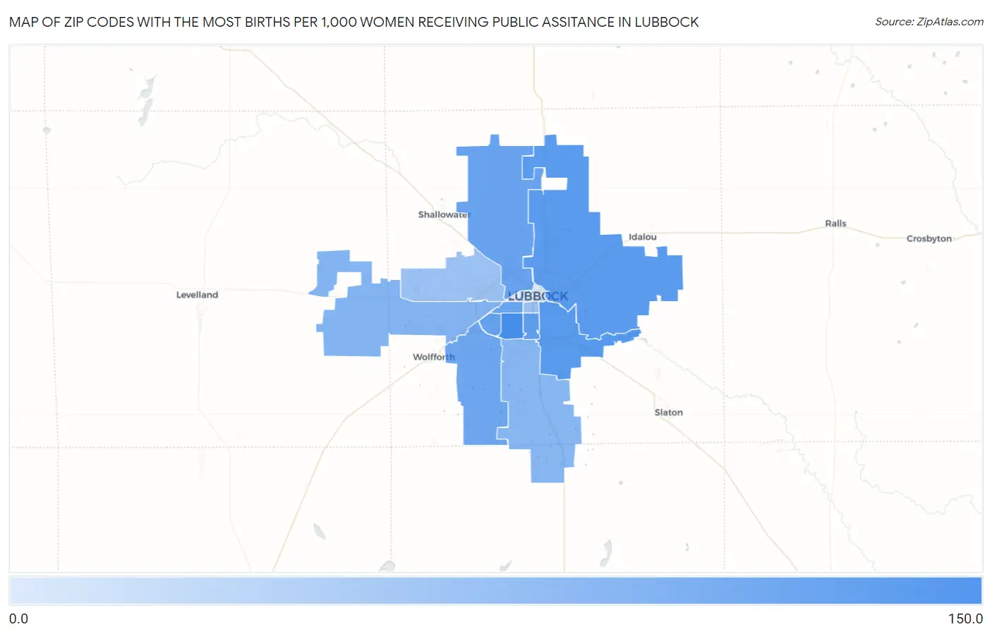 Zip Codes with the Most Births per 1,000 Women Receiving Public Assitance in Lubbock Map