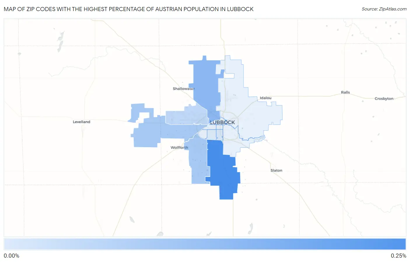 Zip Codes with the Highest Percentage of Austrian Population in Lubbock Map
