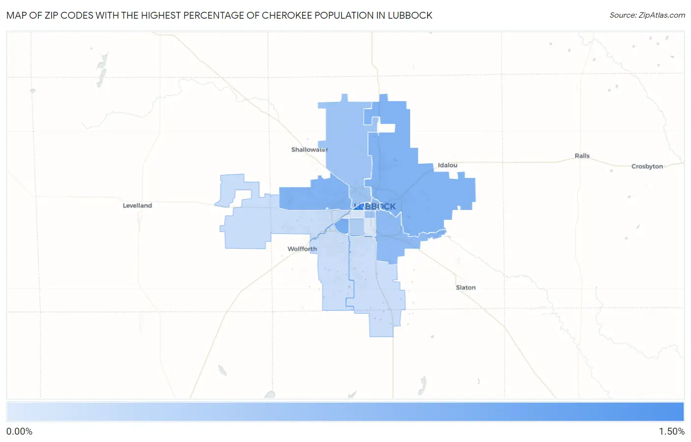 Zip Codes with the Highest Percentage of Cherokee Population in Lubbock Map