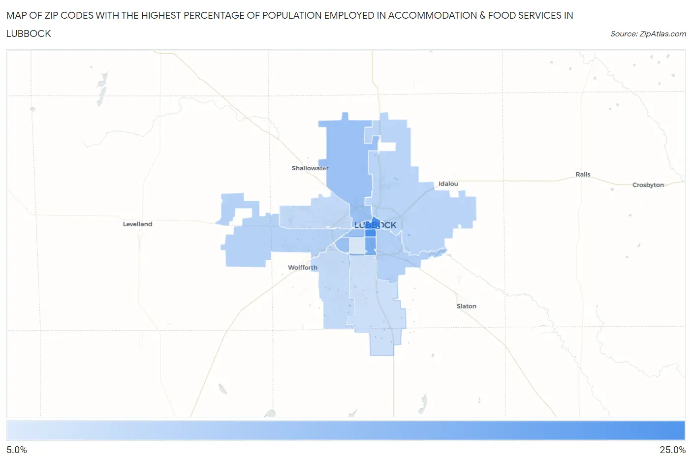 Zip Codes with the Highest Percentage of Population Employed in Accommodation & Food Services in Lubbock Map
