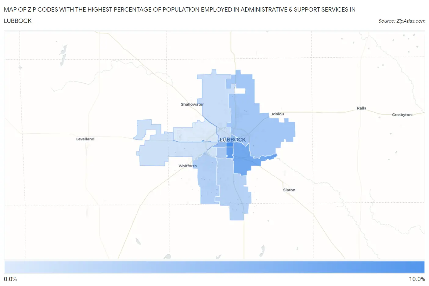 Zip Codes with the Highest Percentage of Population Employed in Administrative & Support Services in Lubbock Map