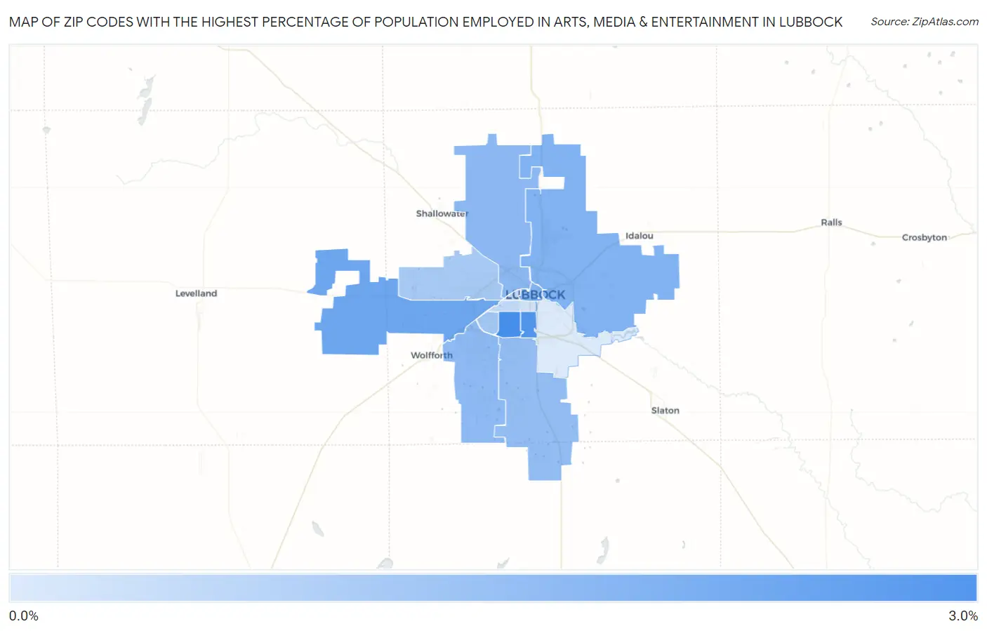 Zip Codes with the Highest Percentage of Population Employed in Arts, Media & Entertainment in Lubbock Map