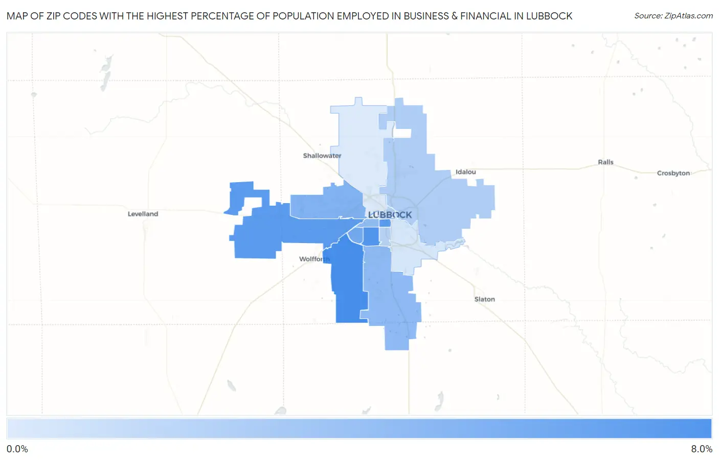 Zip Codes with the Highest Percentage of Population Employed in Business & Financial in Lubbock Map