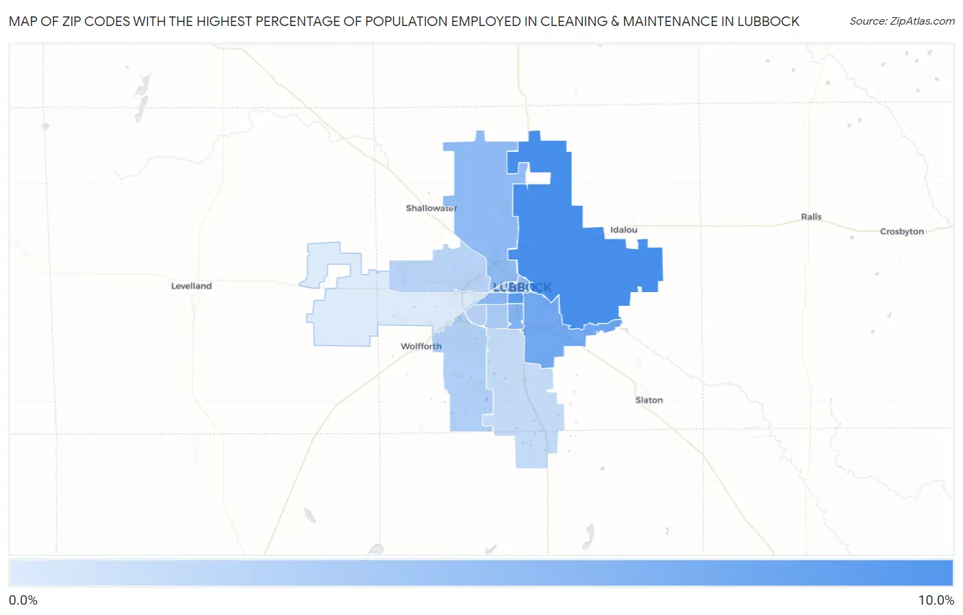 Zip Codes with the Highest Percentage of Population Employed in Cleaning & Maintenance in Lubbock Map