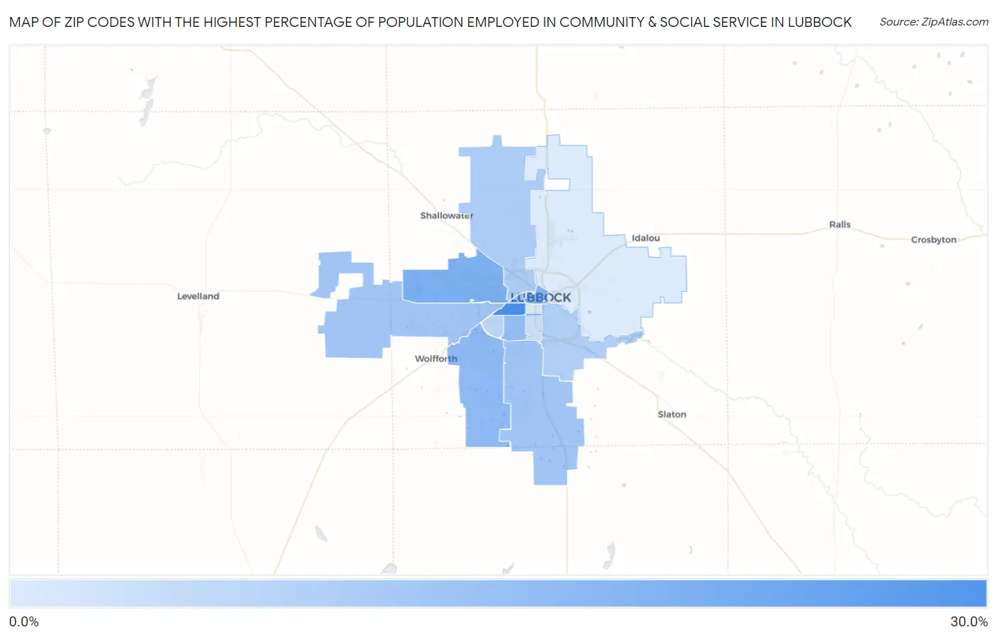 Zip Codes with the Highest Percentage of Population Employed in Community & Social Service  in Lubbock Map