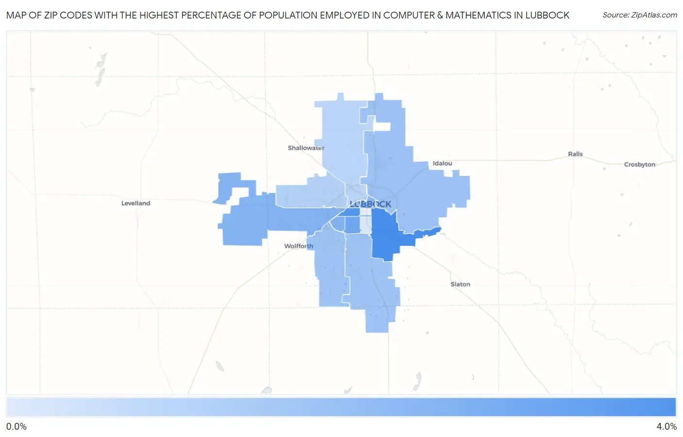 Zip Codes with the Highest Percentage of Population Employed in Computer & Mathematics in Lubbock Map