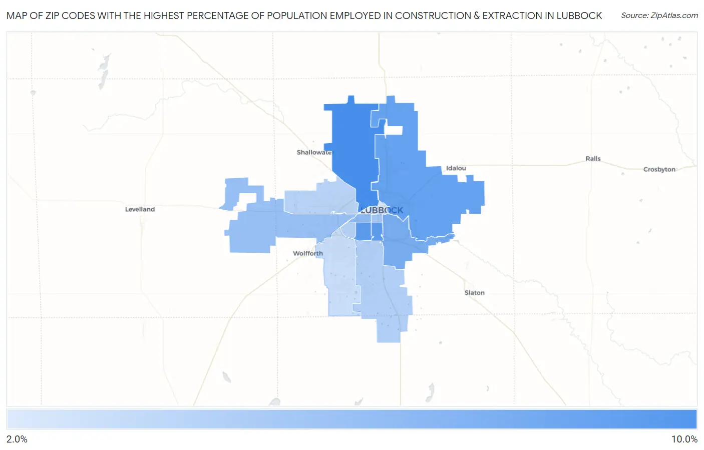 Zip Codes with the Highest Percentage of Population Employed in Construction & Extraction in Lubbock Map