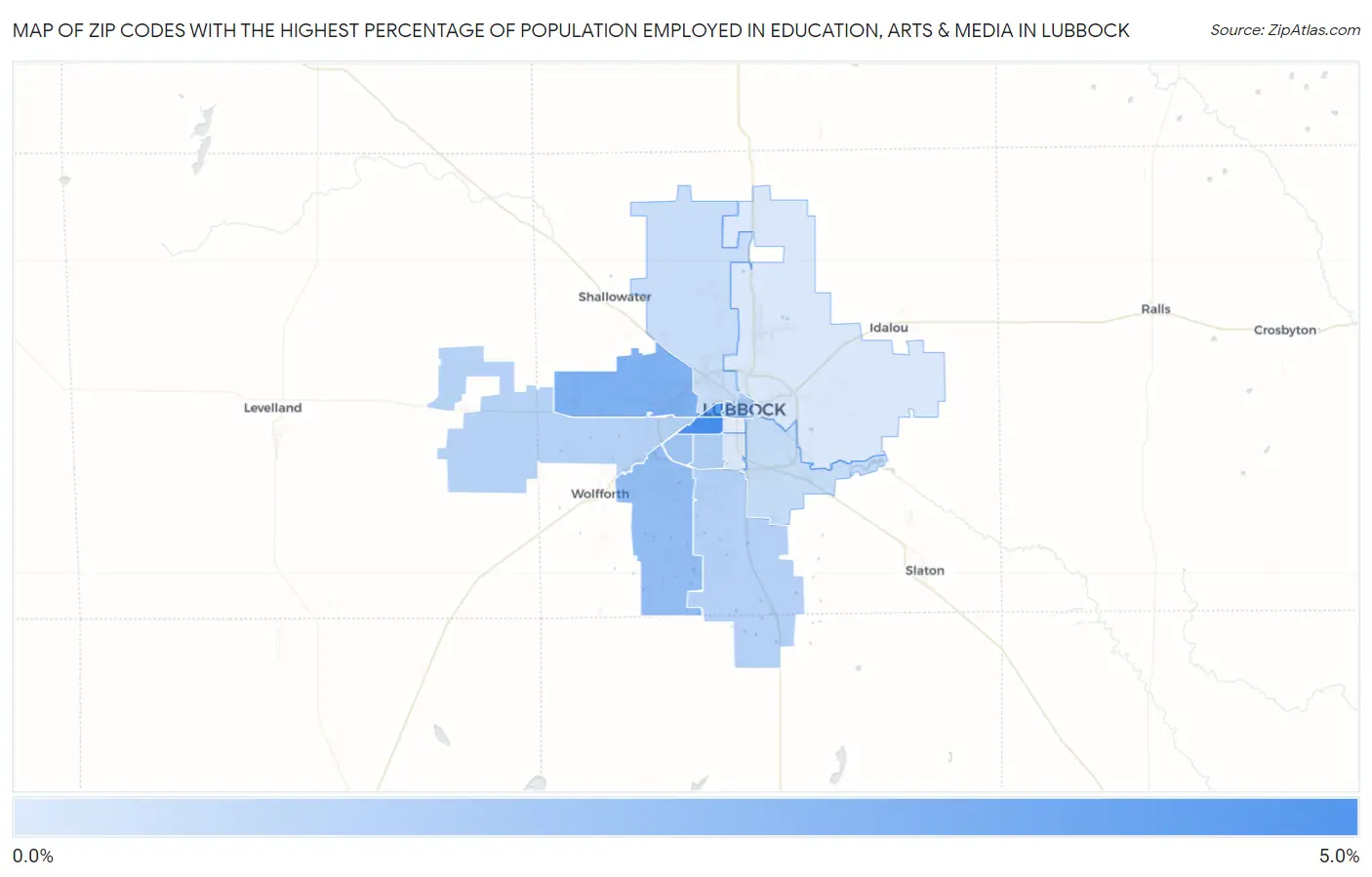 Zip Codes with the Highest Percentage of Population Employed in Education, Arts & Media in Lubbock Map
