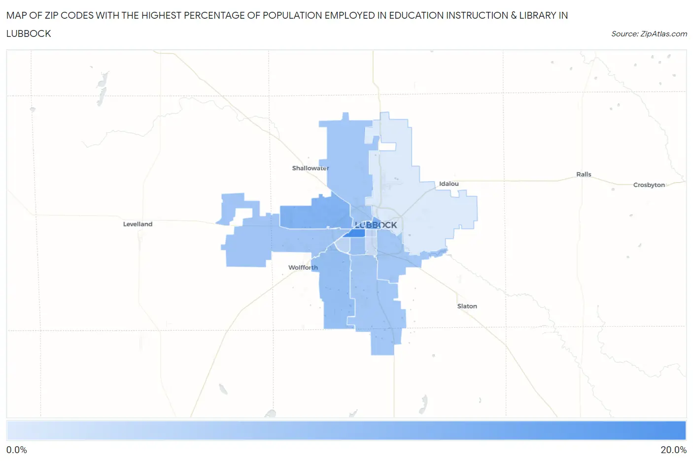 Zip Codes with the Highest Percentage of Population Employed in Education Instruction & Library in Lubbock Map