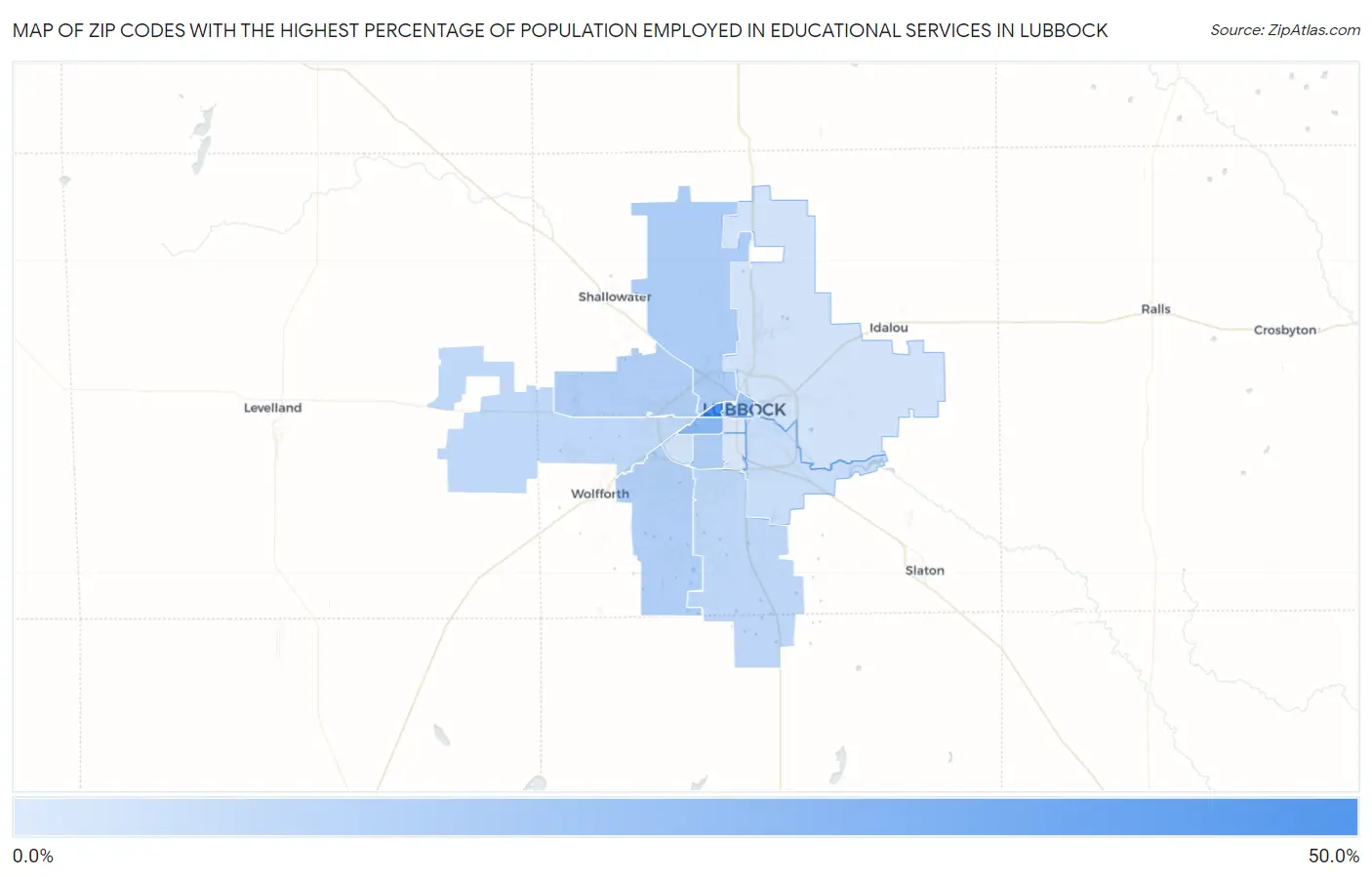 Zip Codes with the Highest Percentage of Population Employed in Educational Services in Lubbock Map