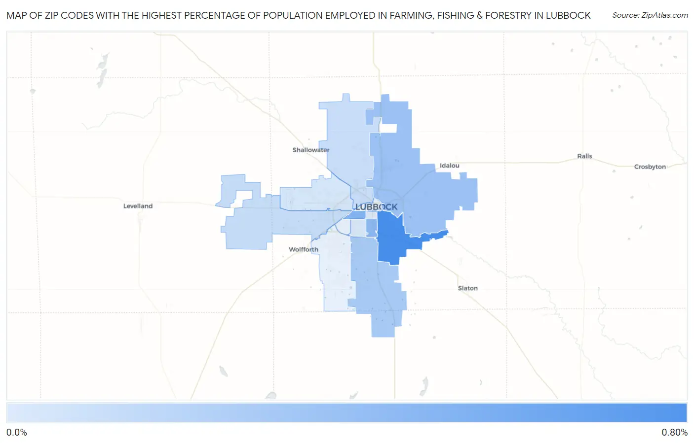 Zip Codes with the Highest Percentage of Population Employed in Farming, Fishing & Forestry in Lubbock Map