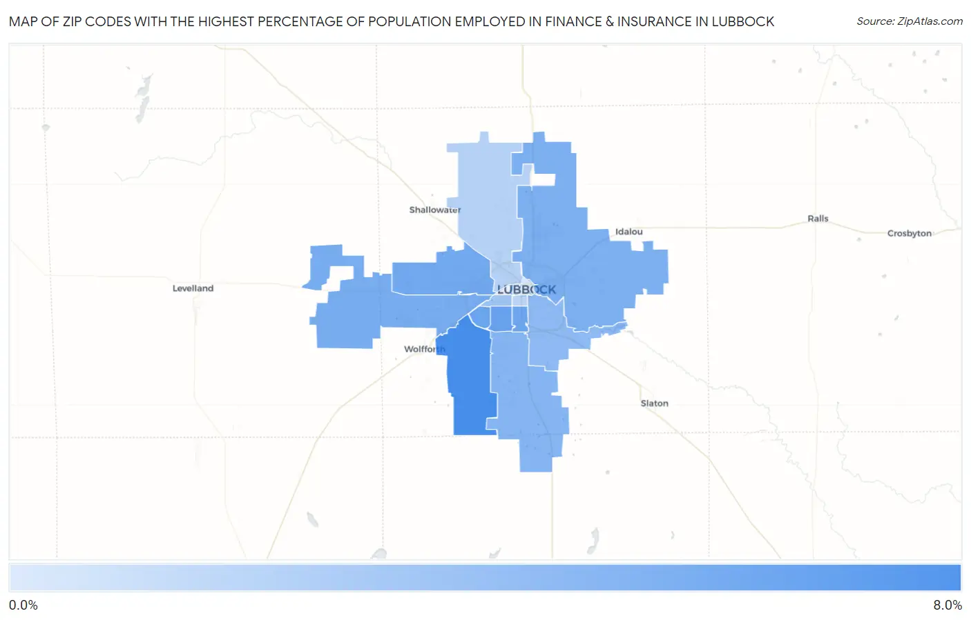 Zip Codes with the Highest Percentage of Population Employed in Finance & Insurance in Lubbock Map