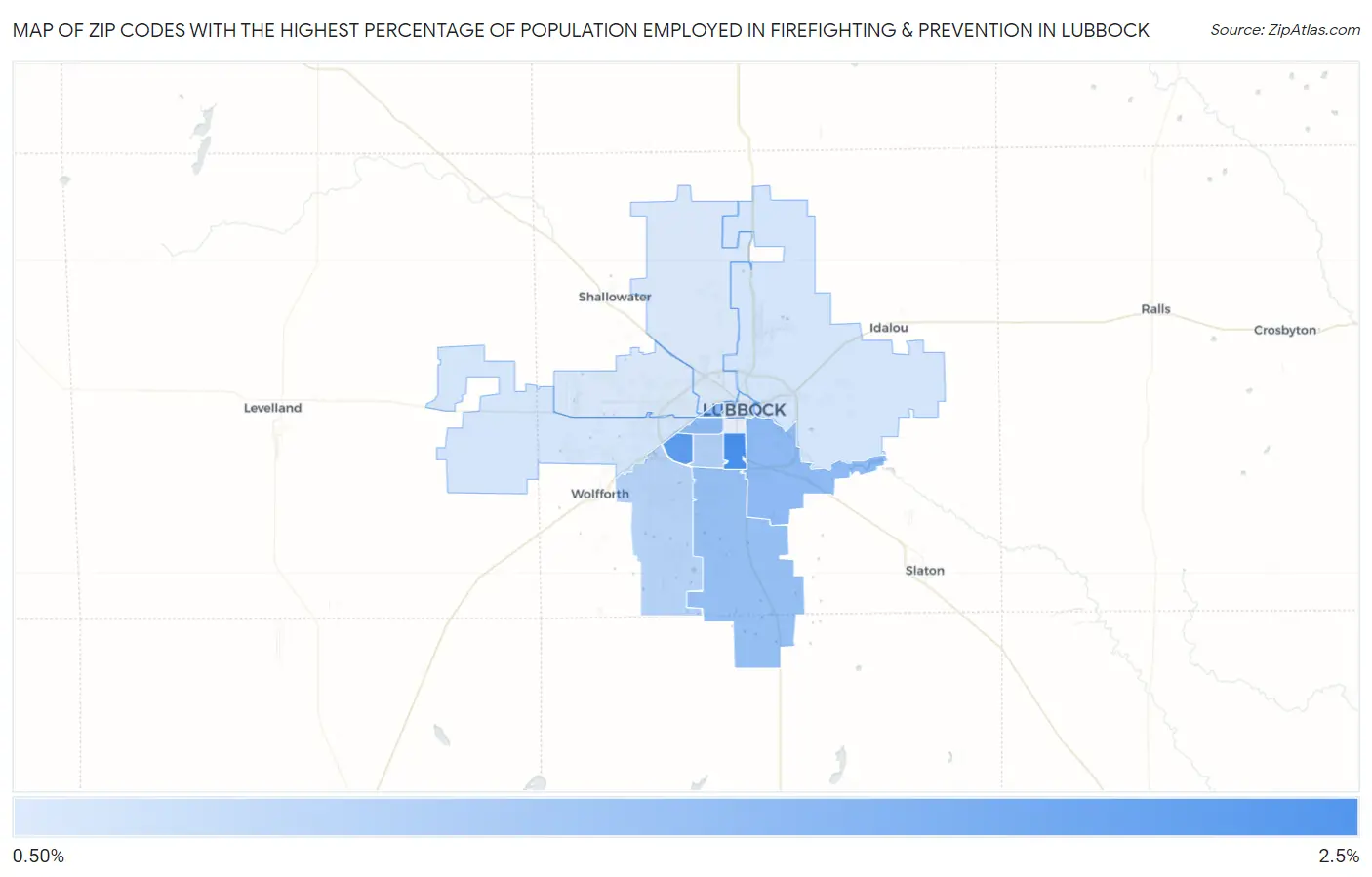 Zip Codes with the Highest Percentage of Population Employed in Firefighting & Prevention in Lubbock Map