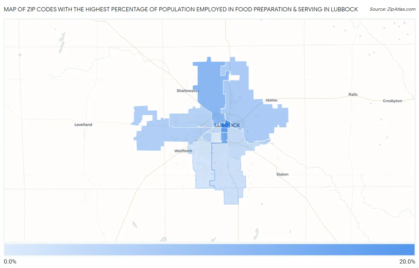 Zip Codes with the Highest Percentage of Population Employed in Food Preparation & Serving in Lubbock Map