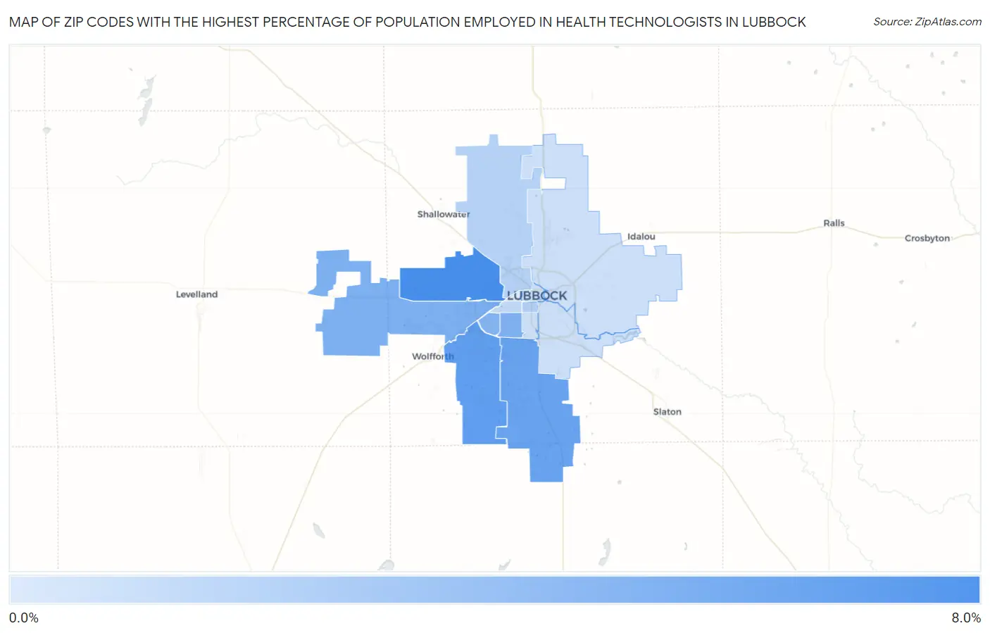 Zip Codes with the Highest Percentage of Population Employed in Health Technologists in Lubbock Map
