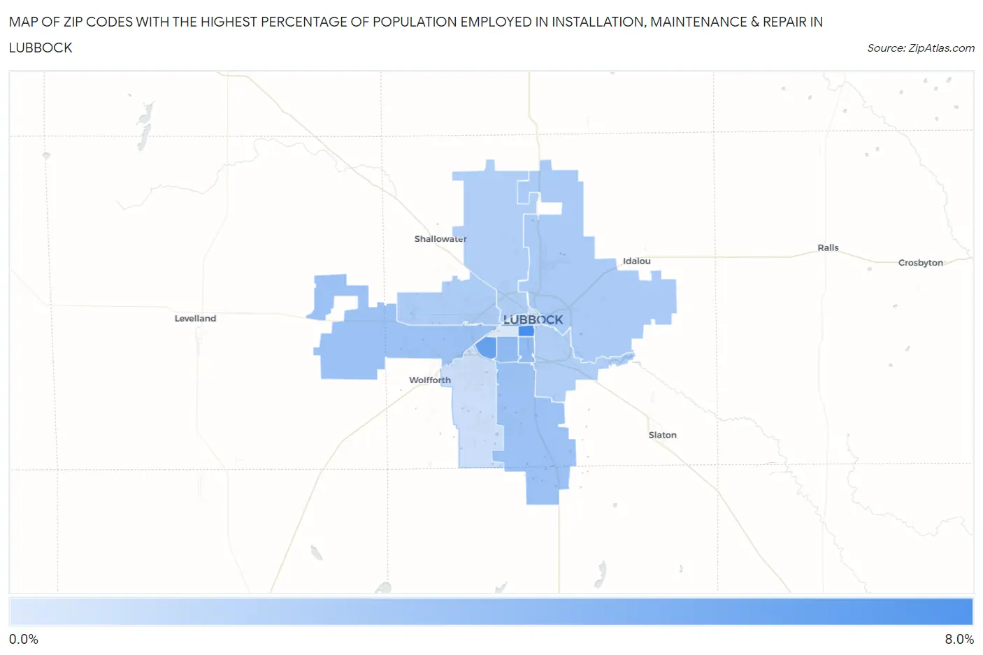 Zip Codes with the Highest Percentage of Population Employed in Installation, Maintenance & Repair in Lubbock Map