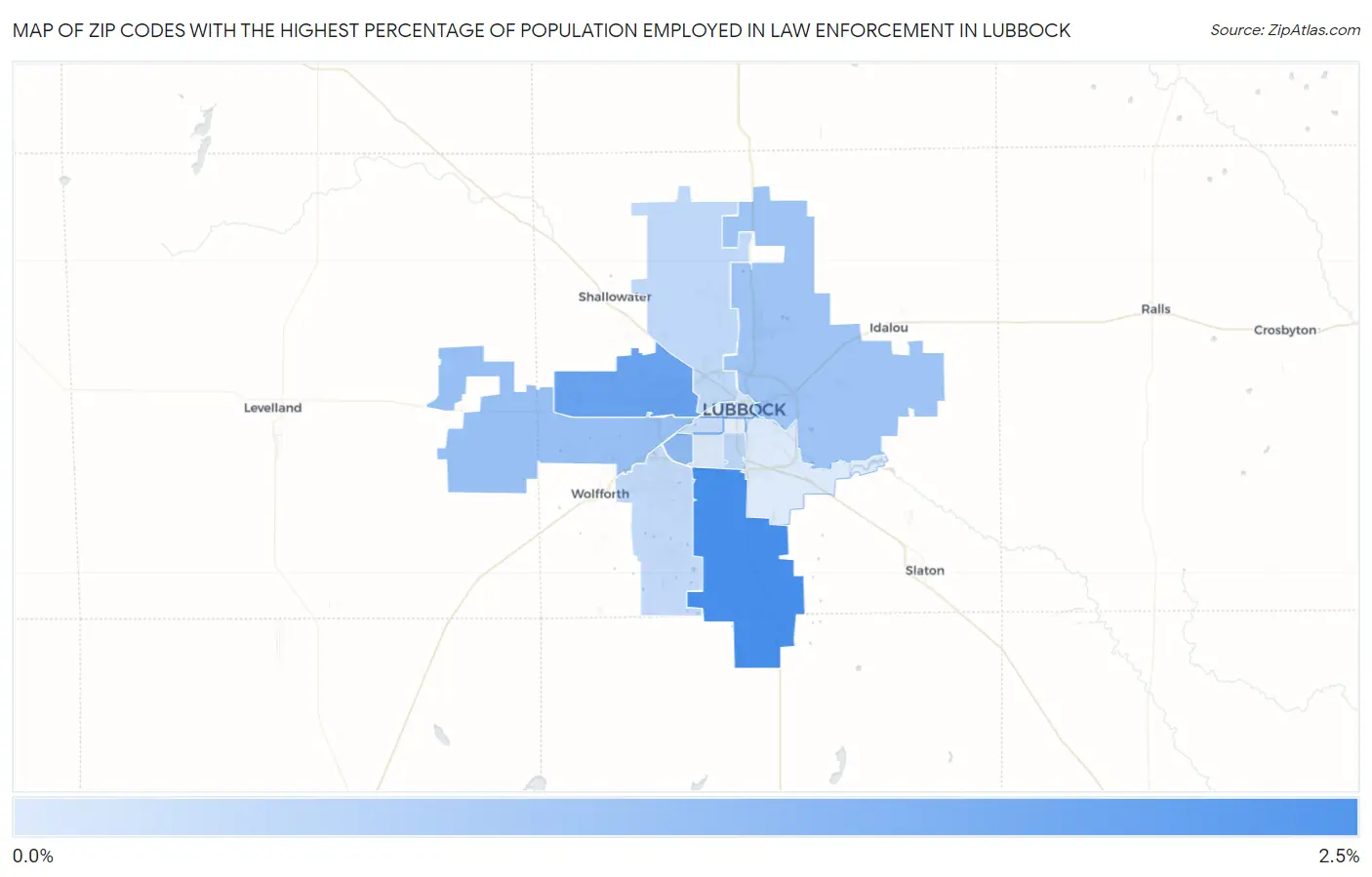 Zip Codes with the Highest Percentage of Population Employed in Law Enforcement in Lubbock Map