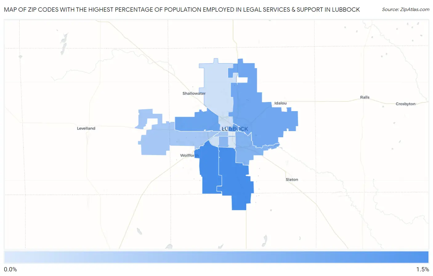 Zip Codes with the Highest Percentage of Population Employed in Legal Services & Support in Lubbock Map