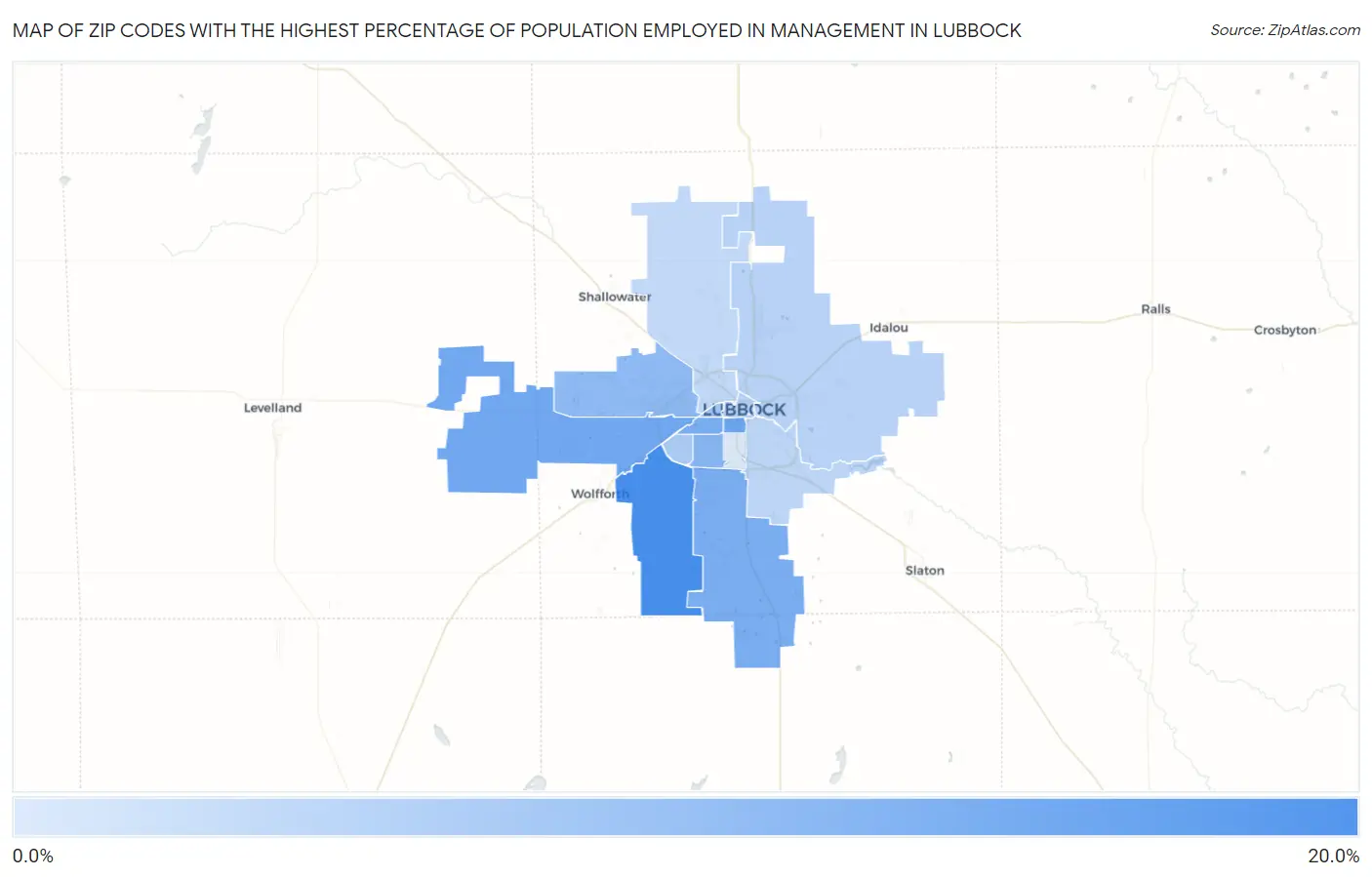 Zip Codes with the Highest Percentage of Population Employed in Management in Lubbock Map