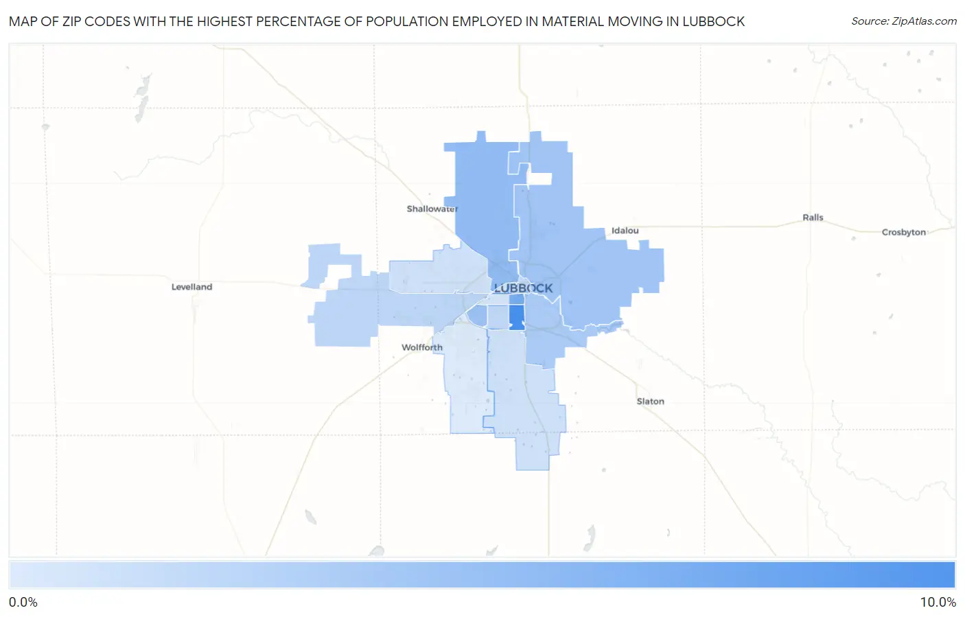 Zip Codes with the Highest Percentage of Population Employed in Material Moving in Lubbock Map