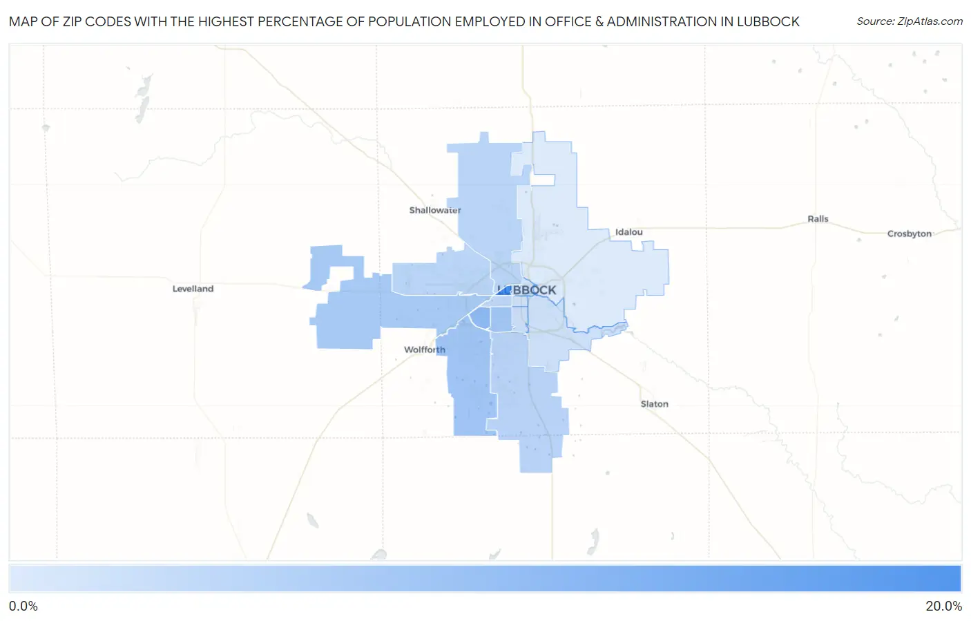 Zip Codes with the Highest Percentage of Population Employed in Office & Administration in Lubbock Map