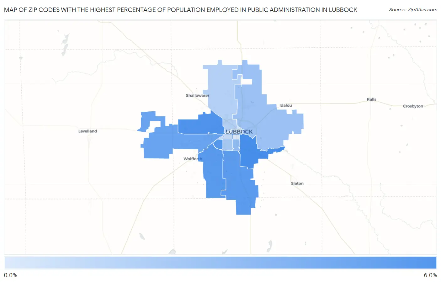Zip Codes with the Highest Percentage of Population Employed in Public Administration in Lubbock Map