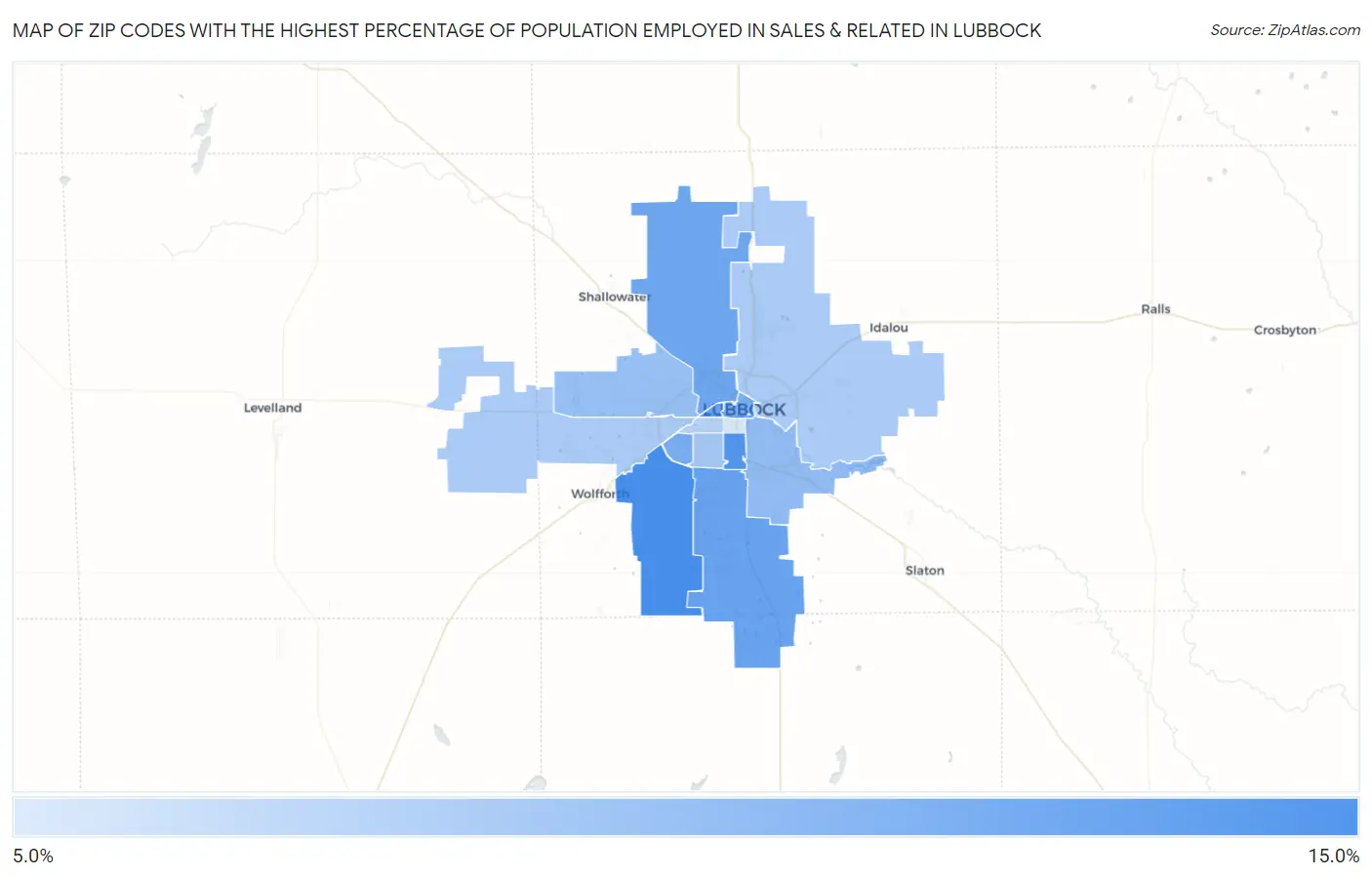 Zip Codes with the Highest Percentage of Population Employed in Sales & Related in Lubbock Map