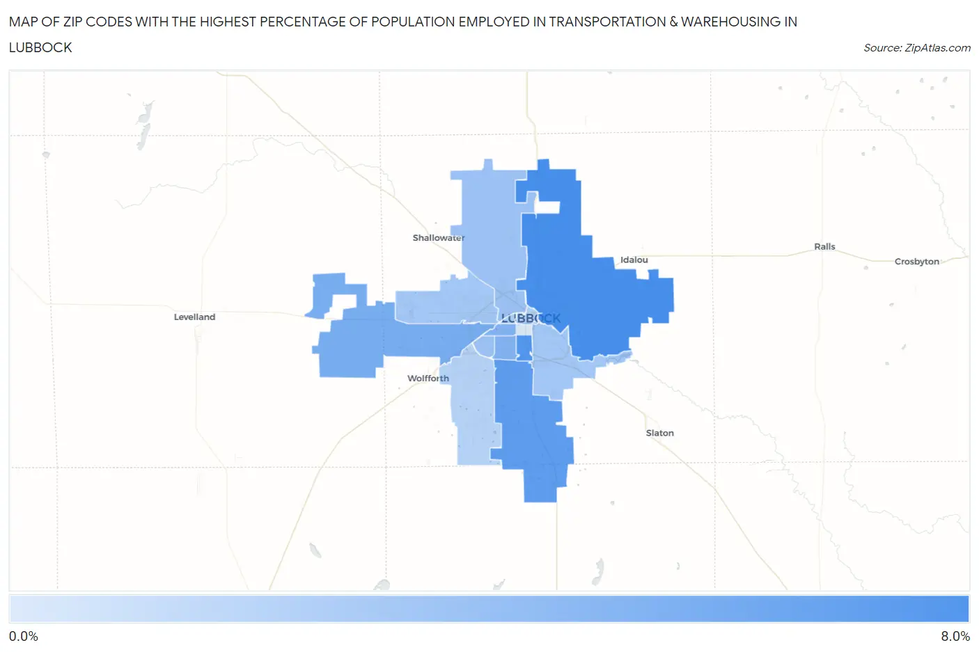 Zip Codes with the Highest Percentage of Population Employed in Transportation & Warehousing in Lubbock Map