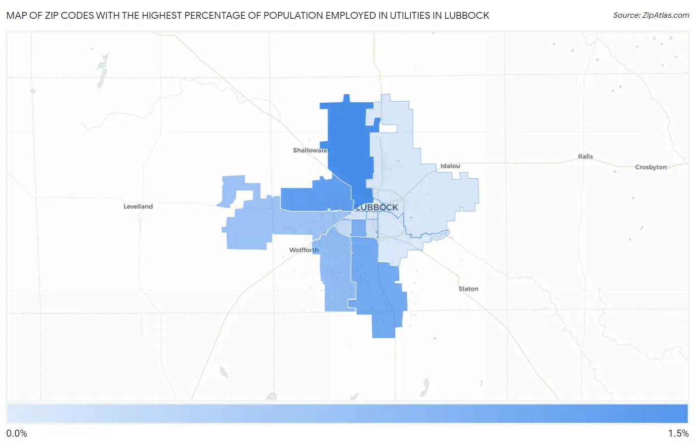 Zip Codes with the Highest Percentage of Population Employed in Utilities in Lubbock Map