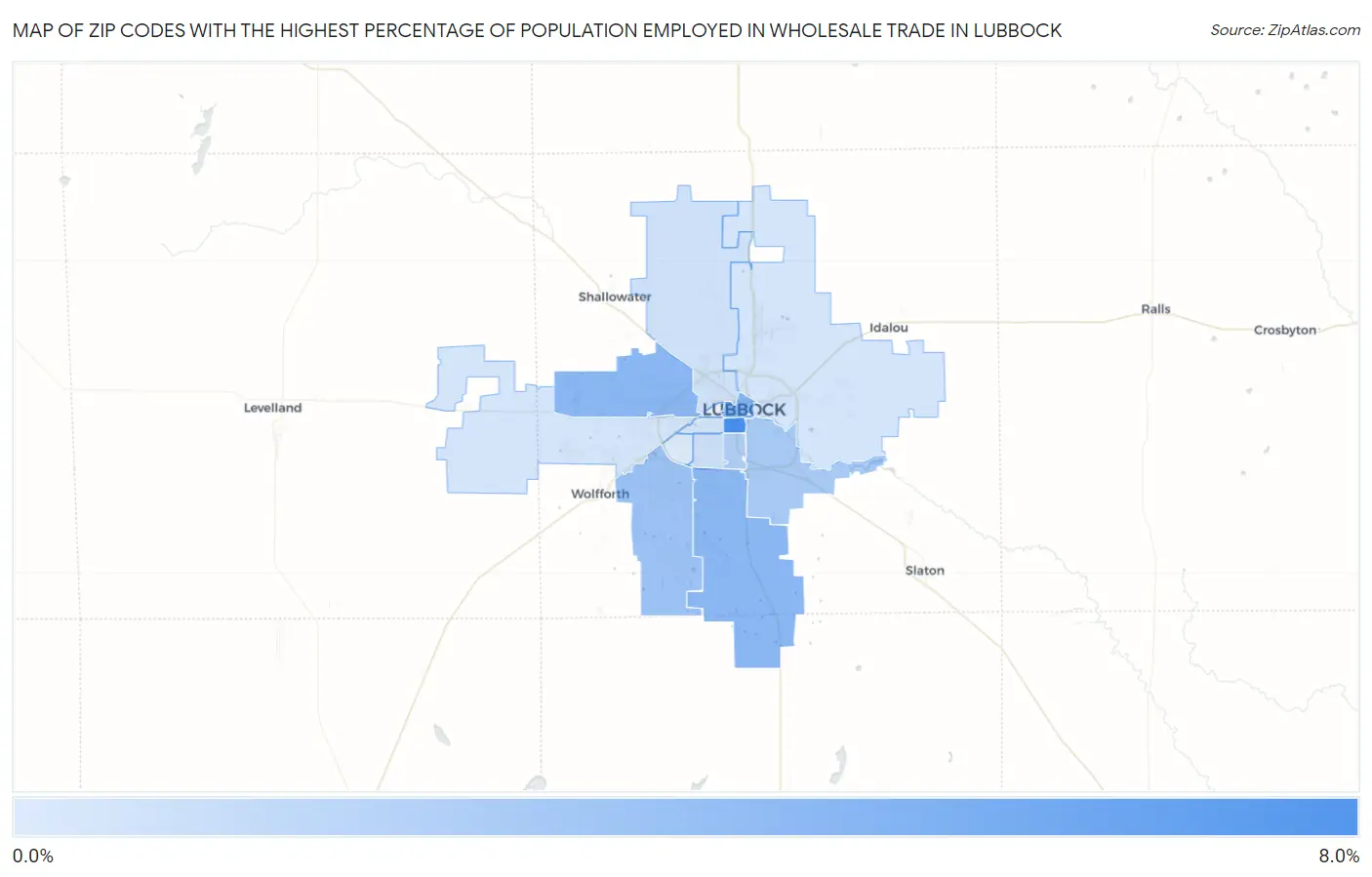 Zip Codes with the Highest Percentage of Population Employed in Wholesale Trade in Lubbock Map