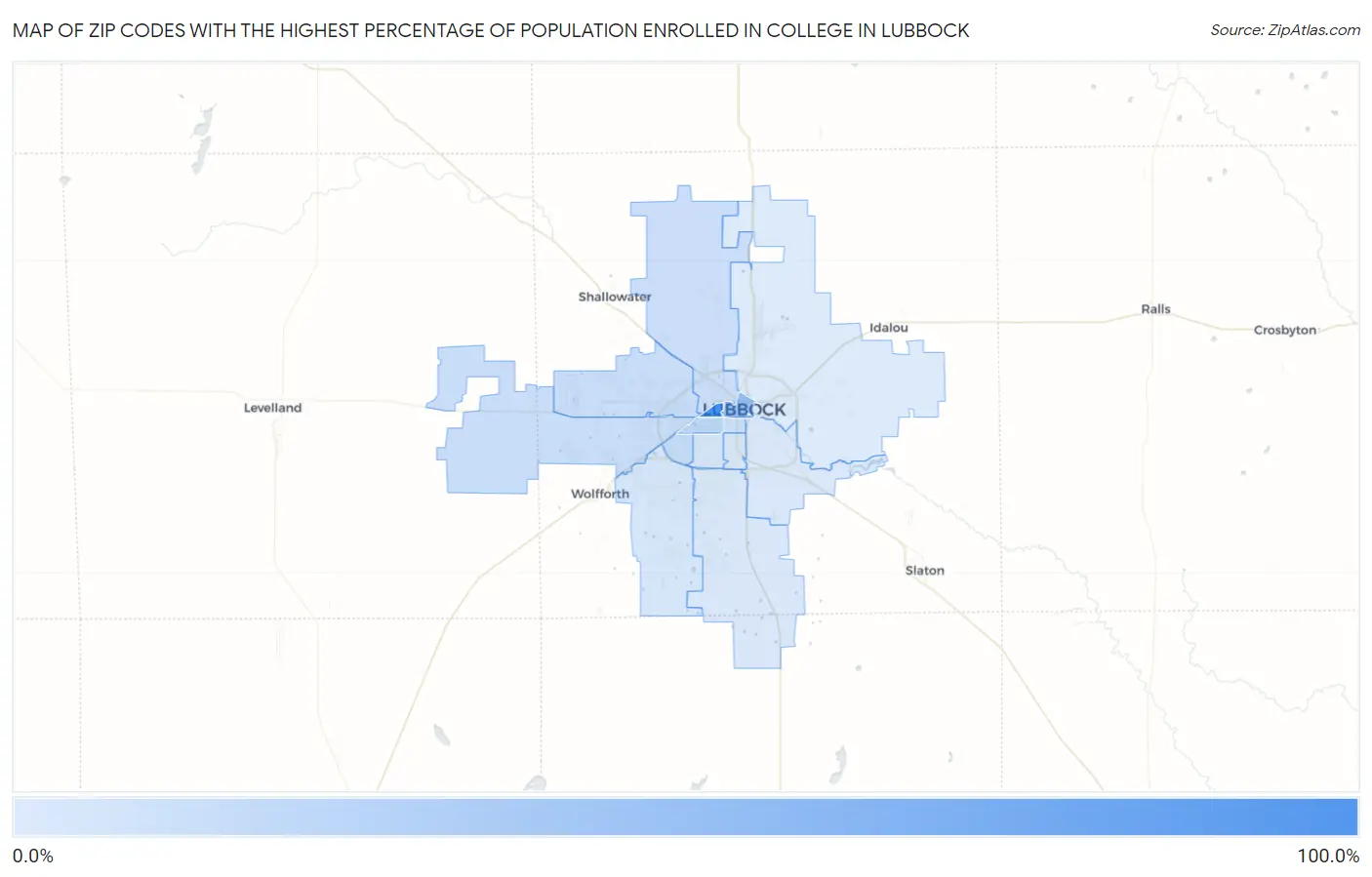 Zip Codes with the Highest Percentage of Population Enrolled in College in Lubbock Map