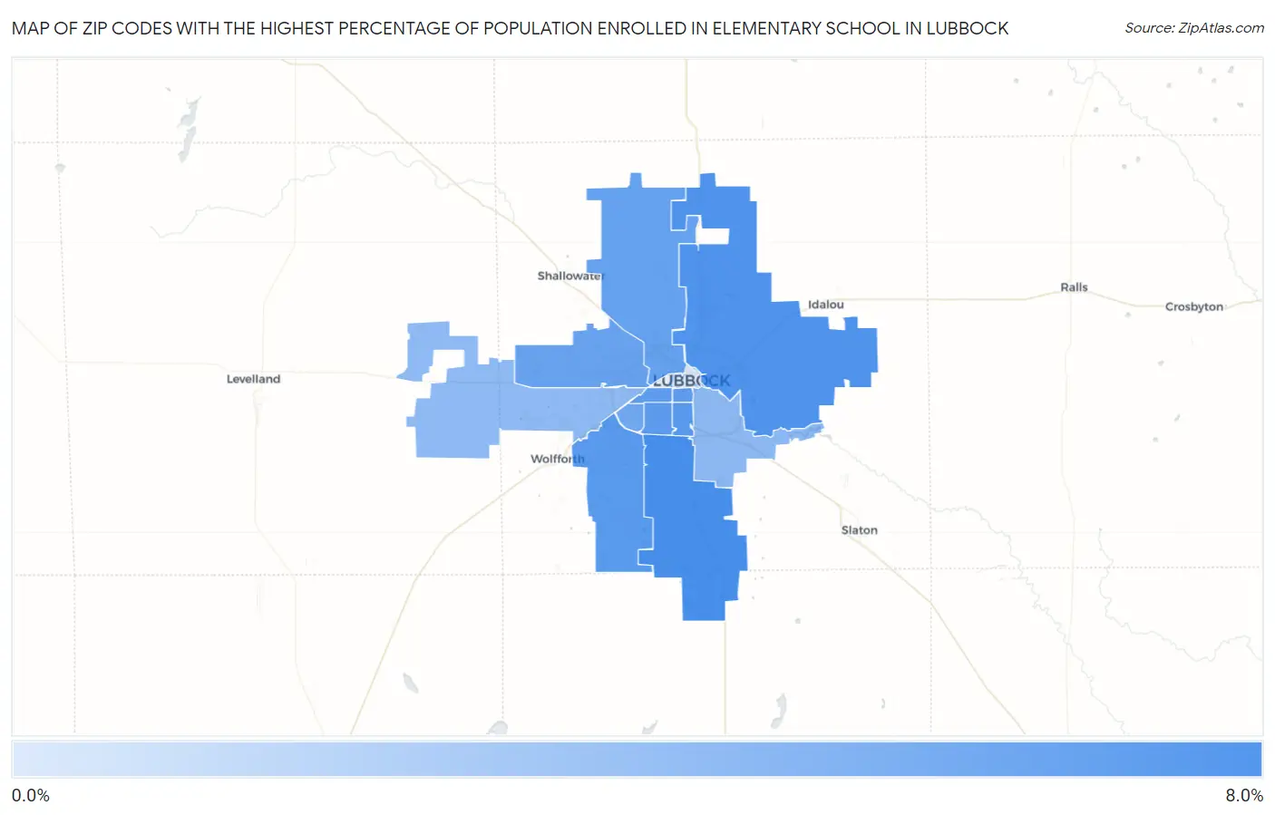 Zip Codes with the Highest Percentage of Population Enrolled in Elementary School in Lubbock Map