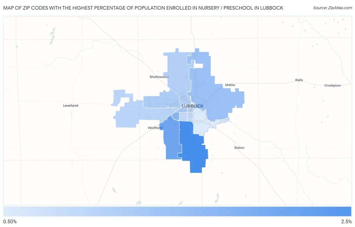 Zip Codes with the Highest Percentage of Population Enrolled in Nursery / Preschool in Lubbock Map