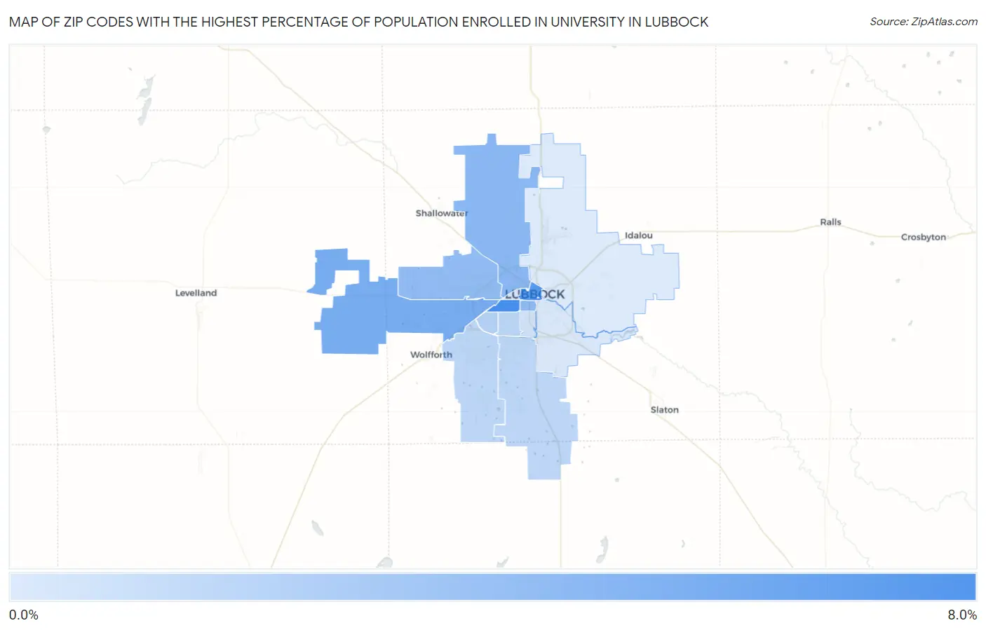 Zip Codes with the Highest Percentage of Population Enrolled in University in Lubbock Map
