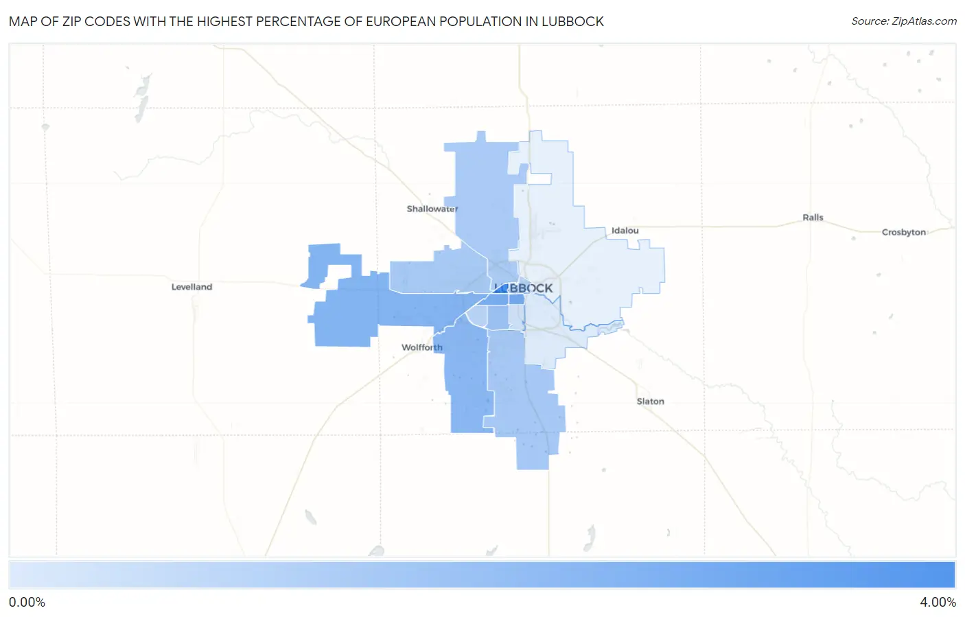 Zip Codes with the Highest Percentage of European Population in Lubbock Map