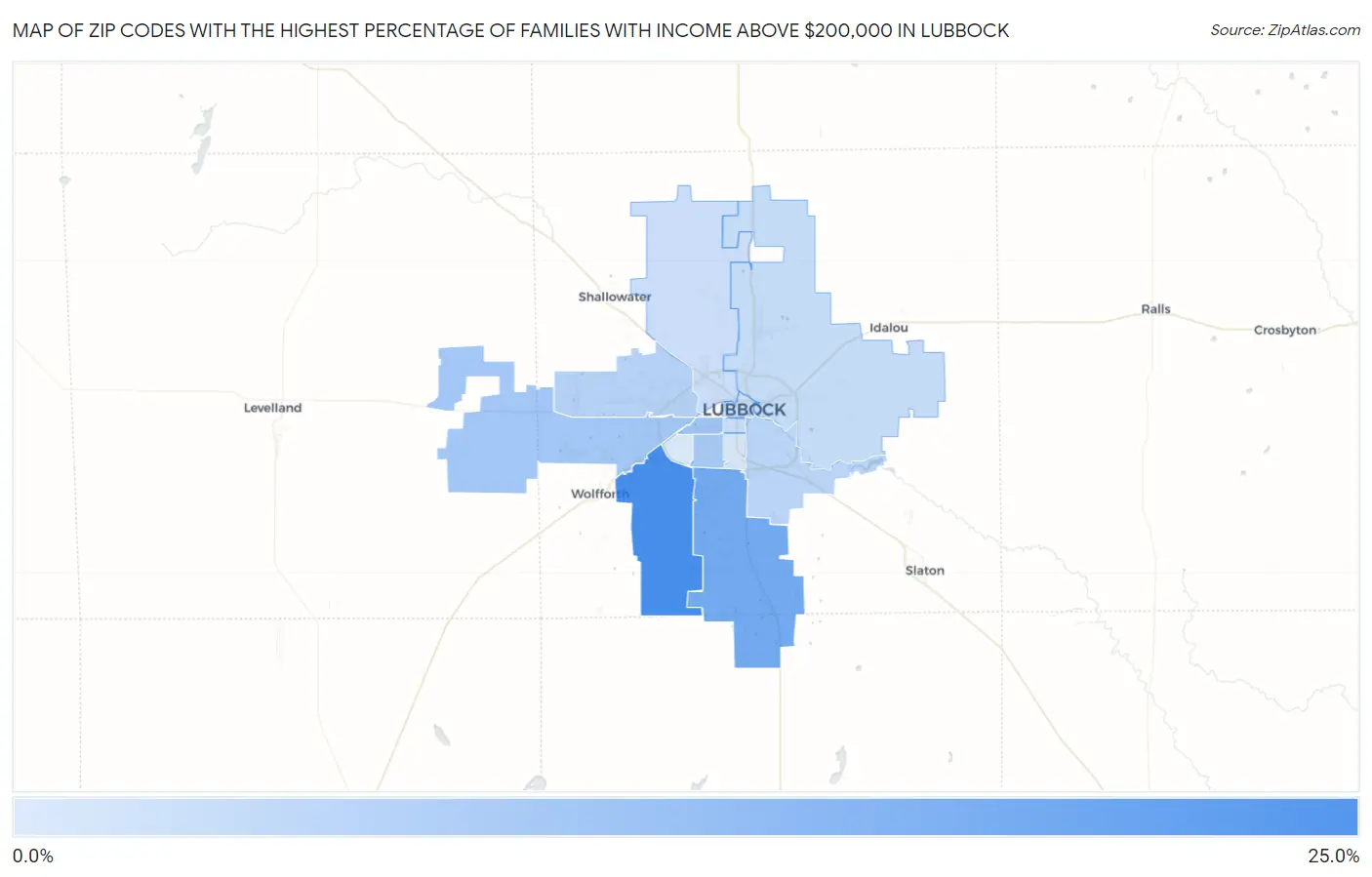 Zip Codes with the Highest Percentage of Families with Income Above $200,000 in Lubbock Map
