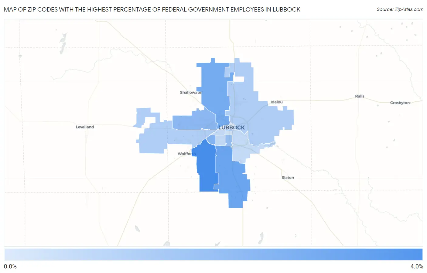 Zip Codes with the Highest Percentage of Federal Government Employees in Lubbock Map