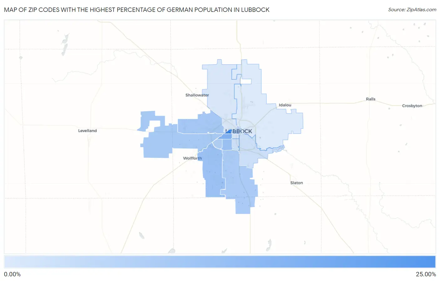 Zip Codes with the Highest Percentage of German Population in Lubbock Map