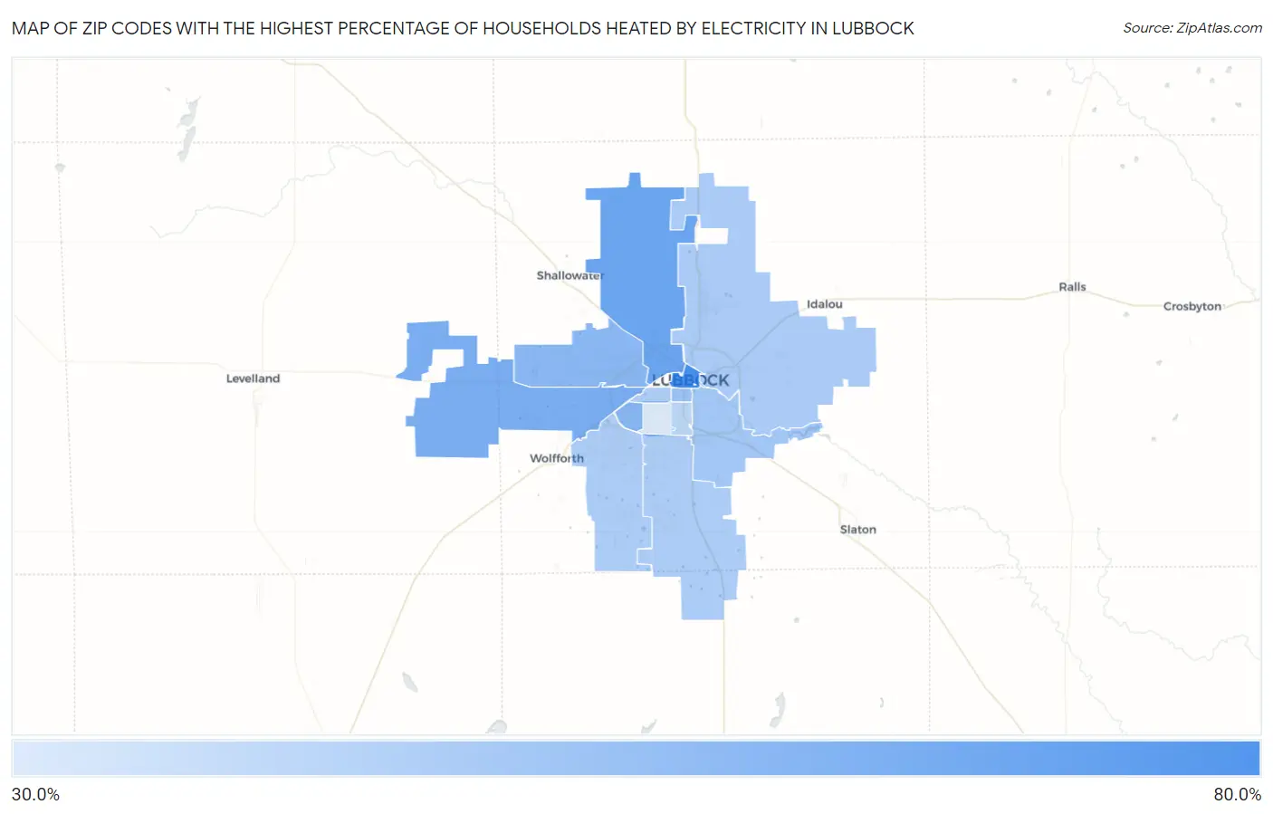 Zip Codes with the Highest Percentage of Households Heated by Electricity in Lubbock Map