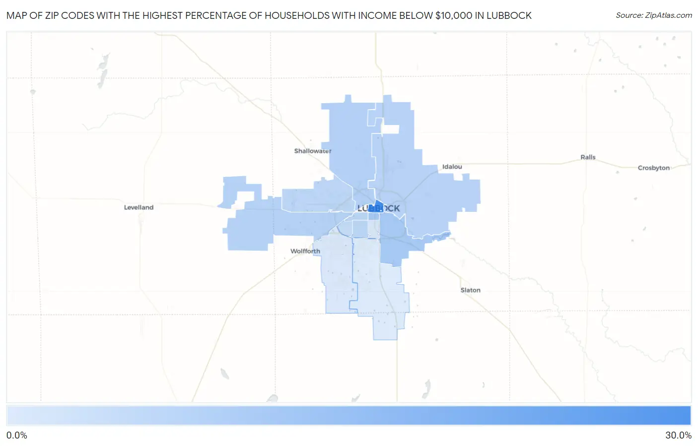 Zip Codes with the Highest Percentage of Households with Income Below $10,000 in Lubbock Map