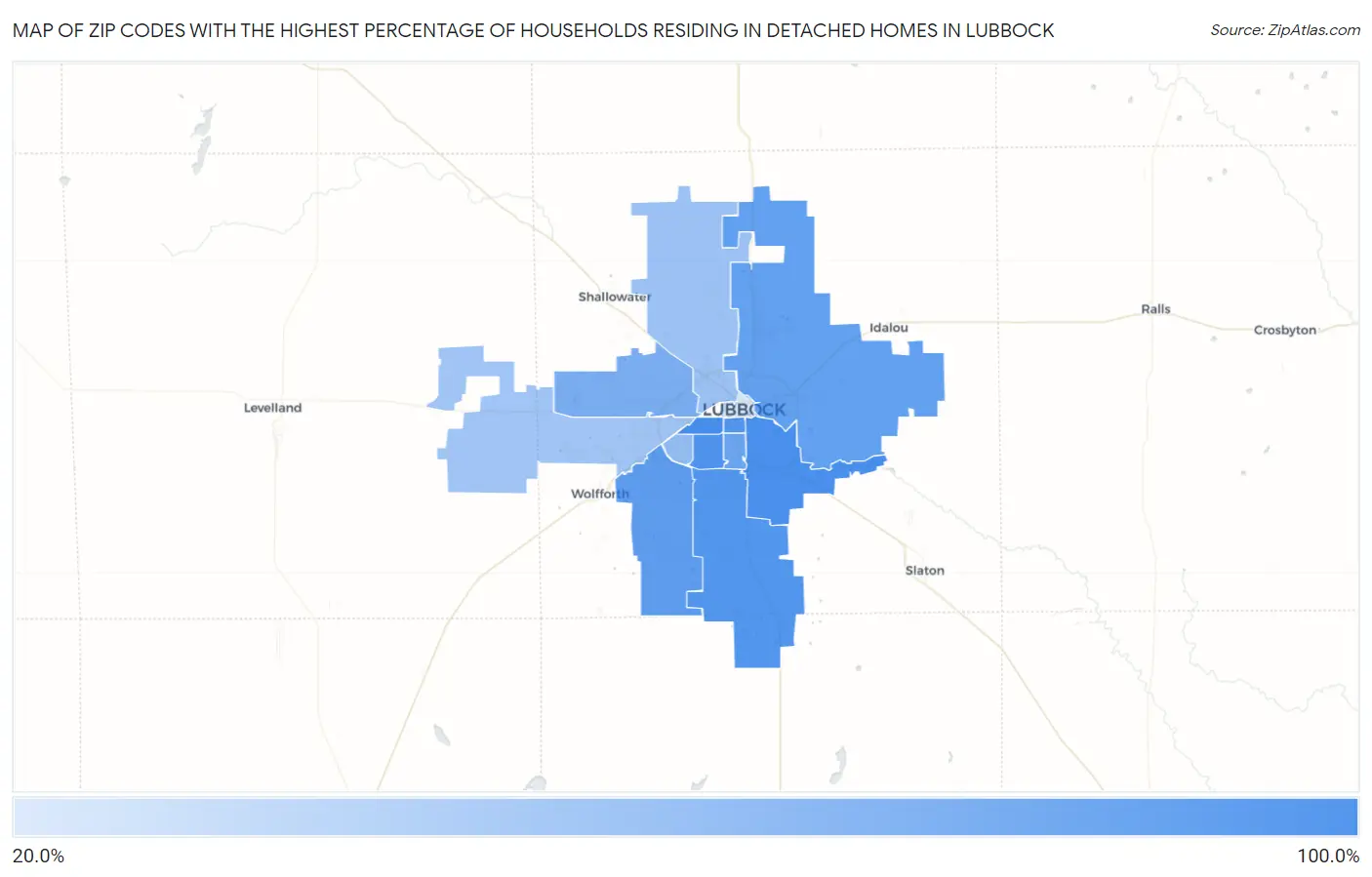 Zip Codes with the Highest Percentage of Households Residing in Detached Homes in Lubbock Map