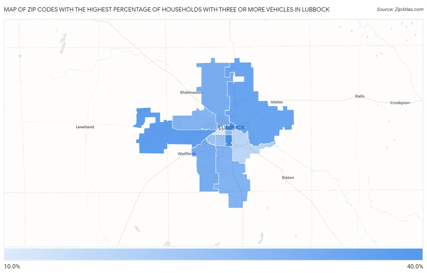 Zip Codes with the Highest Percentage of Households With Three or more Vehicles in Lubbock Map