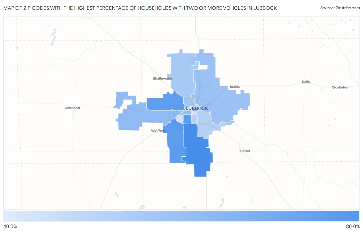 Zip Codes with the Highest Percentage of Households With Two or more Vehicles in Lubbock Map