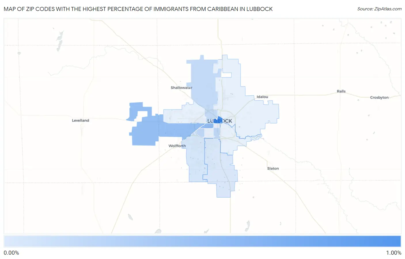 Zip Codes with the Highest Percentage of Immigrants from Caribbean in Lubbock Map