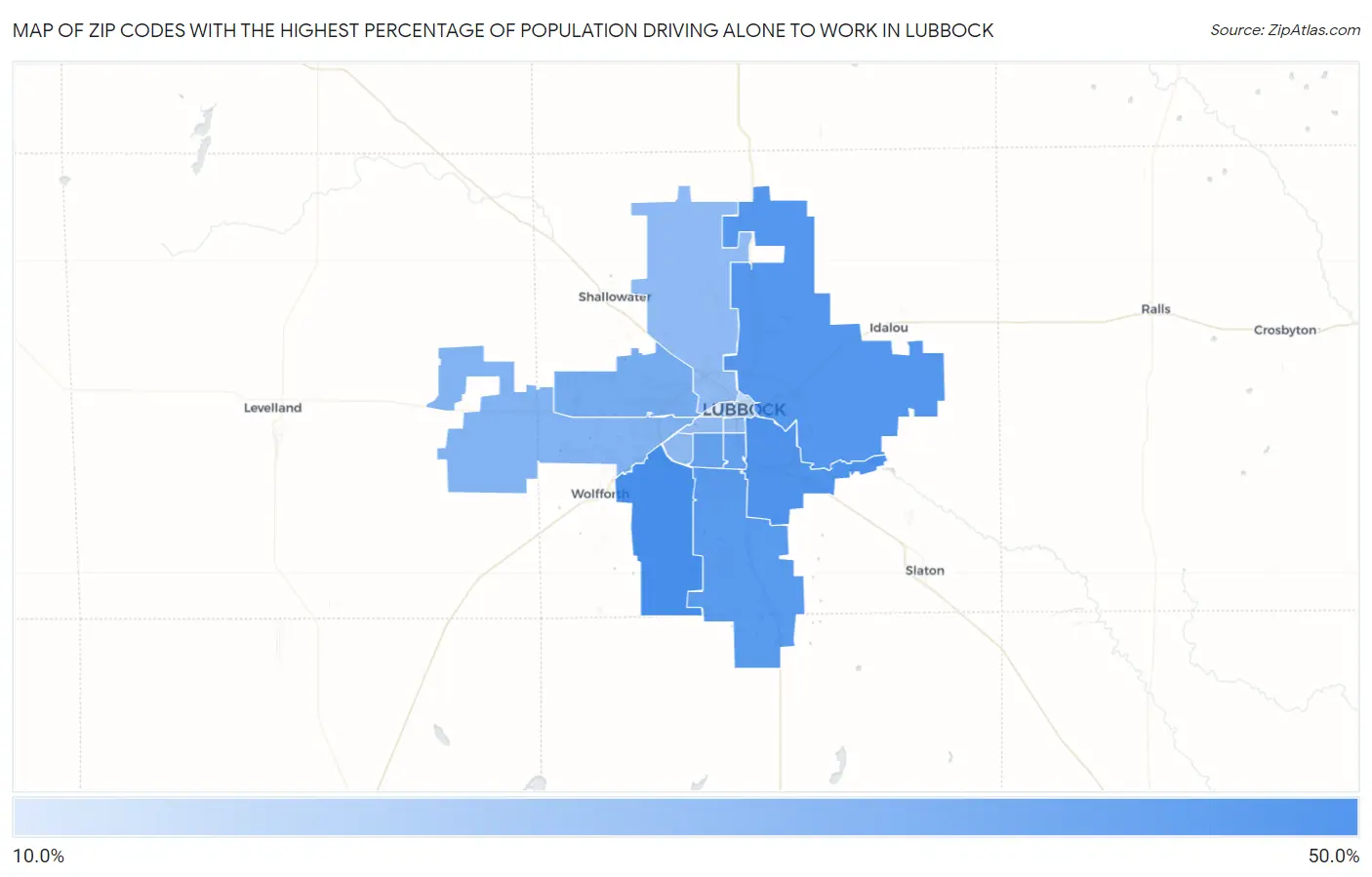 Zip Codes with the Highest Percentage of Population Driving Alone to Work in Lubbock Map