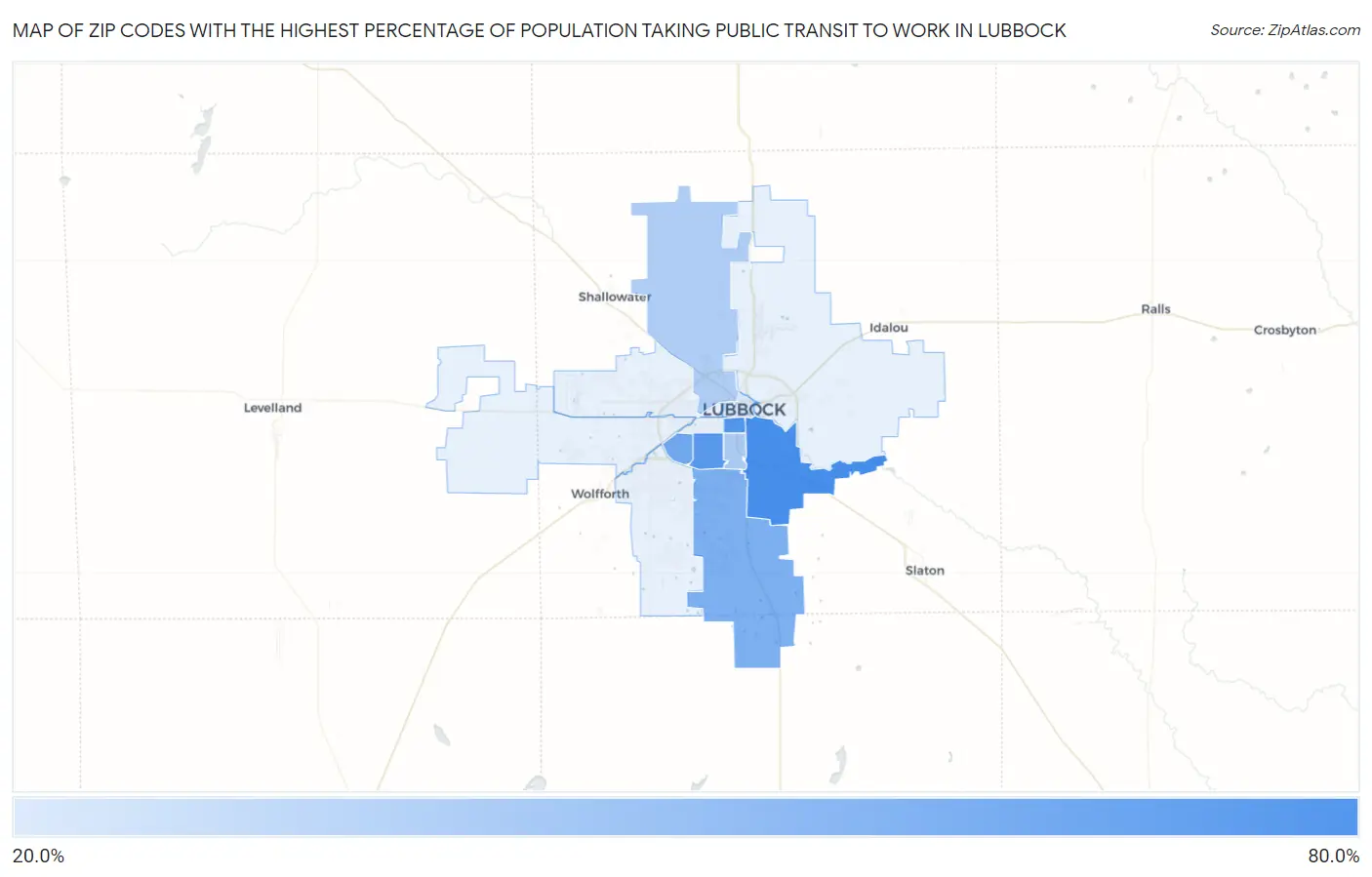 Zip Codes with the Highest Percentage of Population Taking Public Transit to Work in Lubbock Map