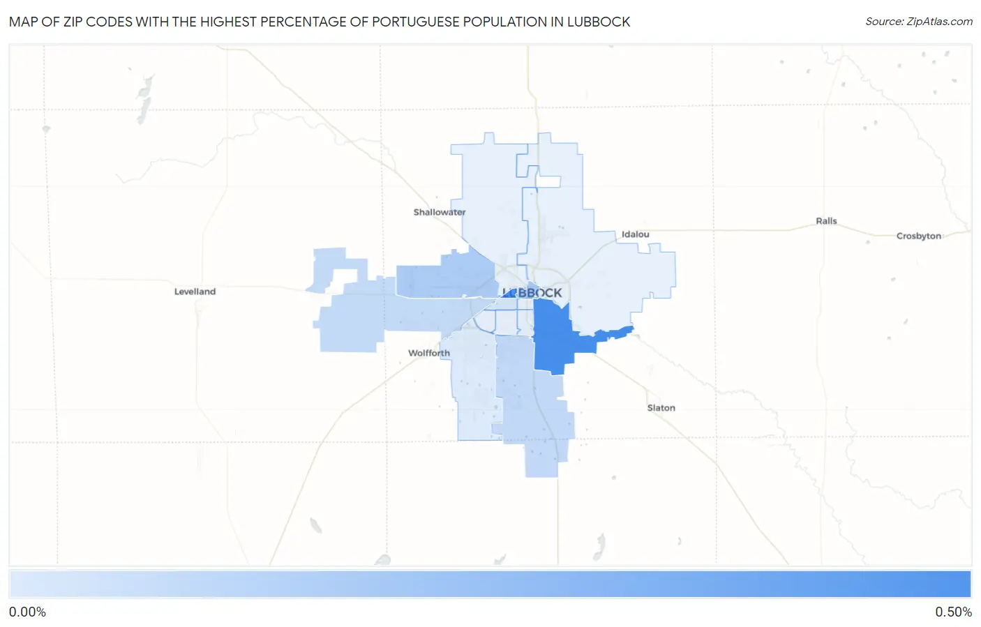 Zip Codes with the Highest Percentage of Portuguese Population in Lubbock Map