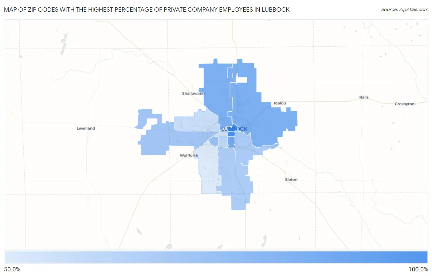Zip Codes with the Highest Percentage of Private Company Employees in Lubbock Map