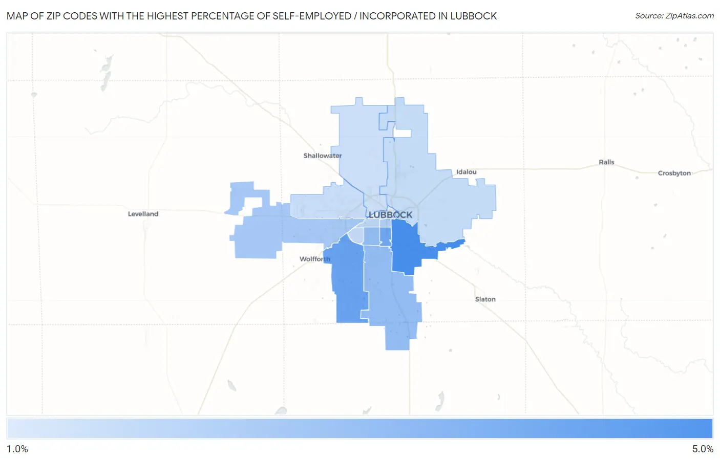 Zip Codes with the Highest Percentage of Self-Employed / Incorporated in Lubbock Map
