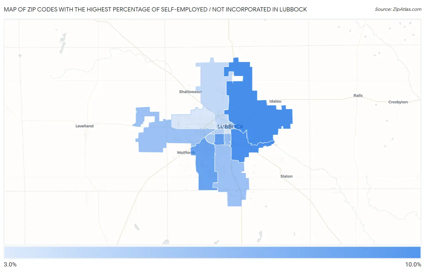 Zip Codes with the Highest Percentage of Self-Employed / Not Incorporated in Lubbock Map